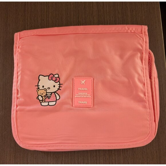 Hello Kitty Pink Travel Cosmetic Organizer Bag Foldable Toiletry Pouch Hook - Picture 1 of 3